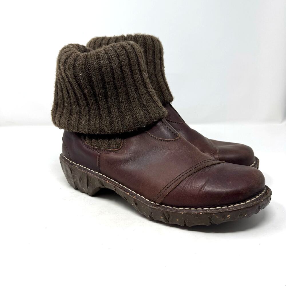 El Naturalista Yggdrasil Brown Leather Boots Womens 41 8 Ribbed Knit Fold Over